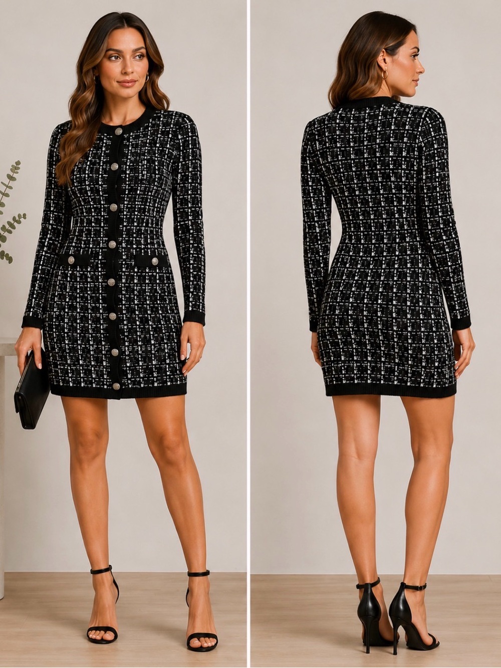 Tahari Black & White Tweed Cardigan Sweater Dress NWT Size Medium